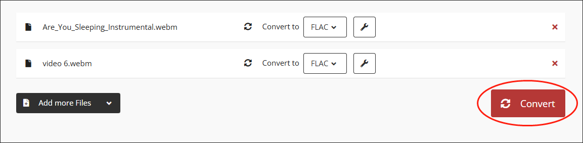 Click on the Convert button in CloudConvert to begin the conversion from WEBM to FLAC