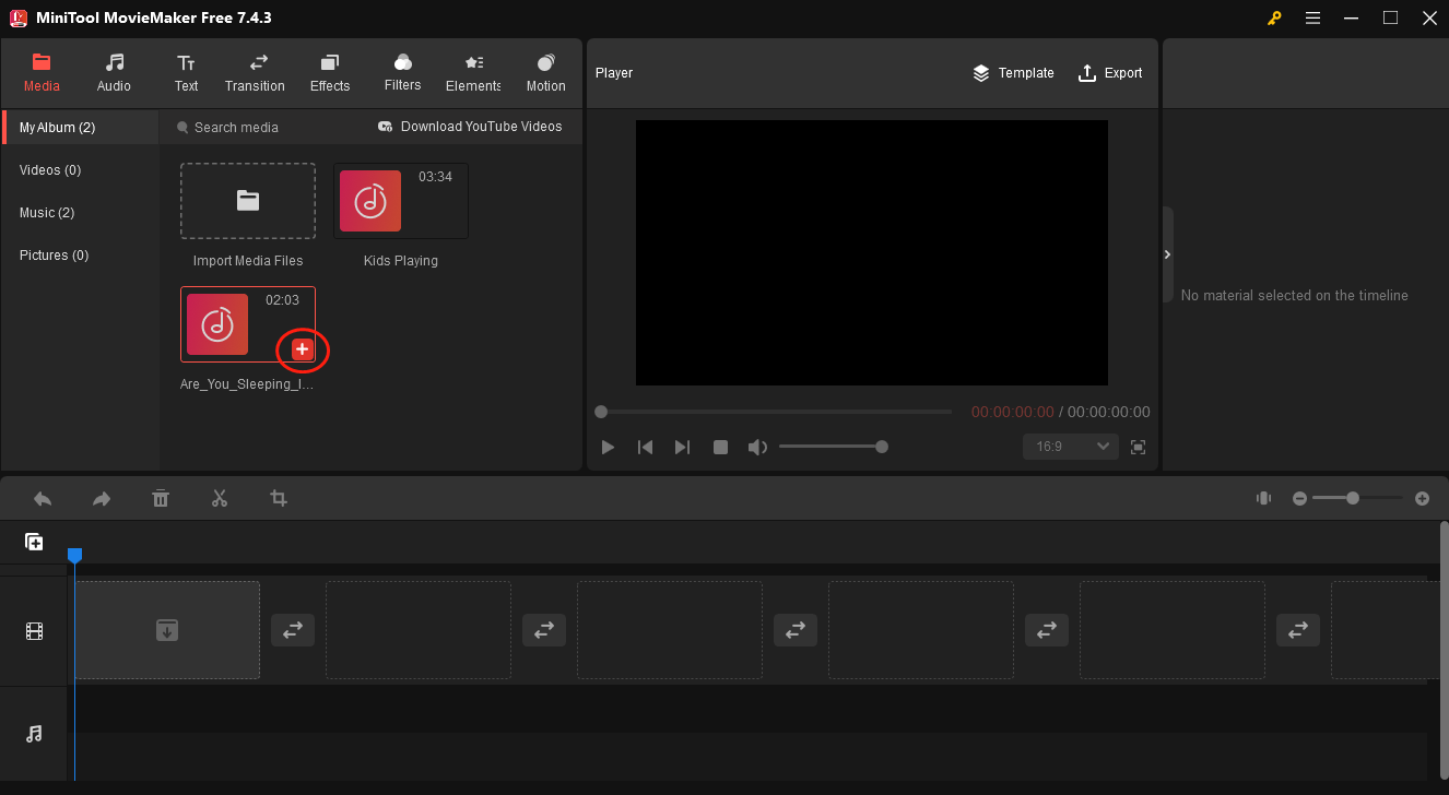 Click on the red plus icon in MiniTool MovieMaker to put your FLAC files on the audio track