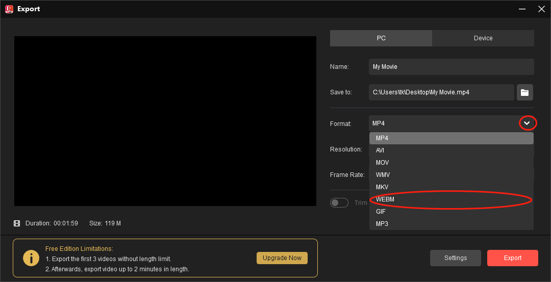 Click on the inverted arrow in the Export window of MiniTool MovieMaker to expand the Format option and choose WEBM as the output format