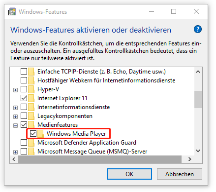 Windows Media Player im Fenster „Windows-Features“ deaktivieren