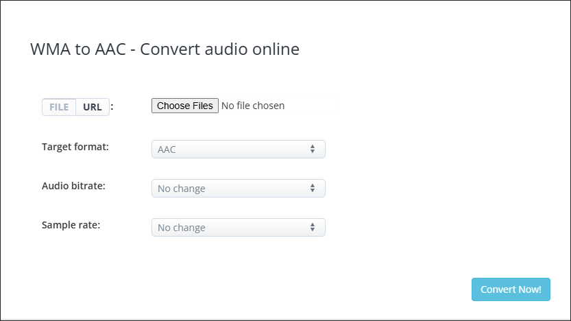 The WMA to AAC Converter page of AConvert