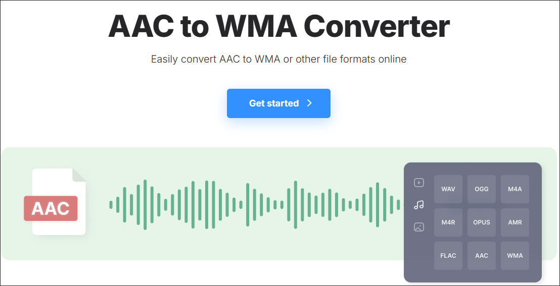 The AAC to WMA Converter page of Clideo