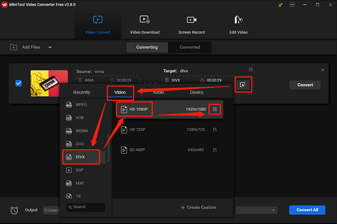 Choose DivX as the output format for conversion in MiniTool Video Converter