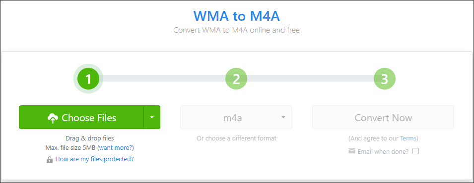 The WMA to M4A Converter page of Zamzar