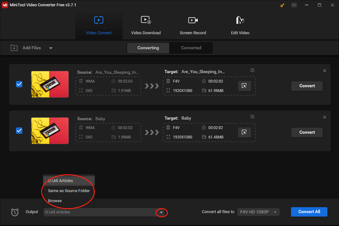 Click on the inverted arrow in MiniTool Video Converter to expand the Output option where you can customize the location that will save your converted files