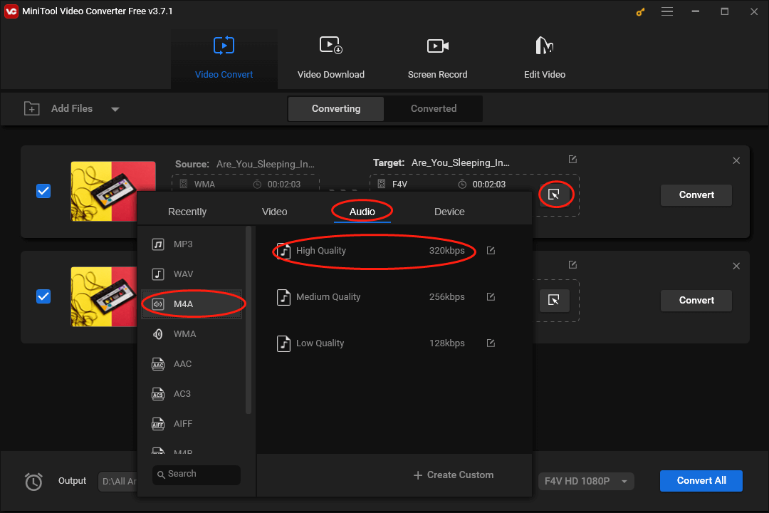 Click on the Edit icon in MiniTool Video Converter and set M4A High Quality as the output format for a single WMA file