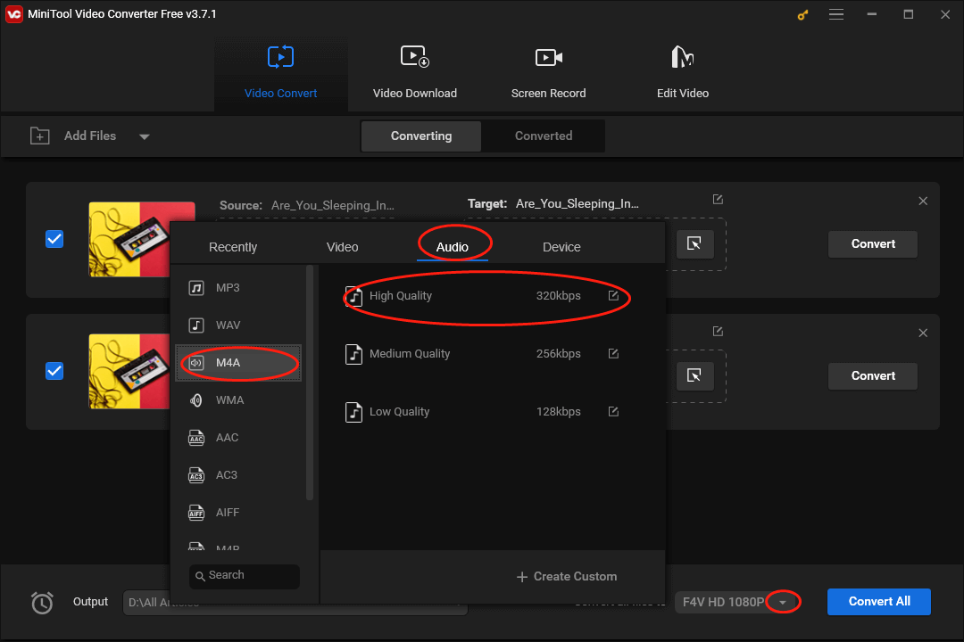 Click on the inverted triangle to expand the Convert all files to option and set M4A High Quality as a uniform output format for all WMA files