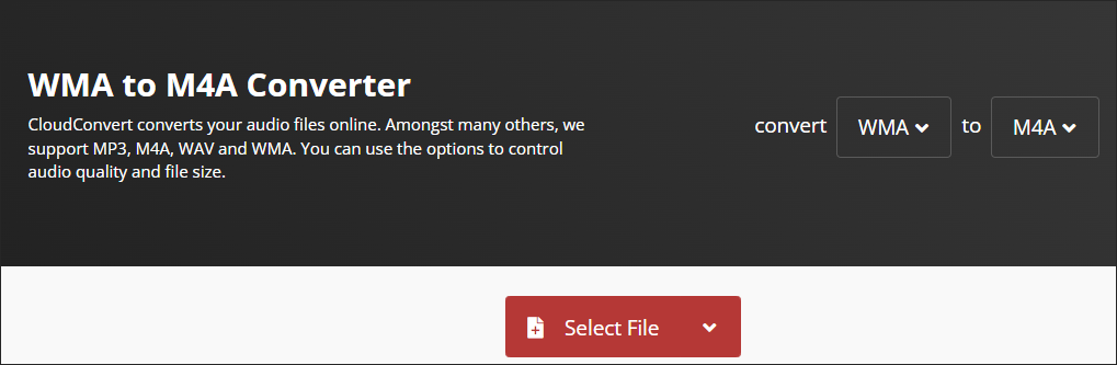 The WMA to M4A Converter page of CloudConvert