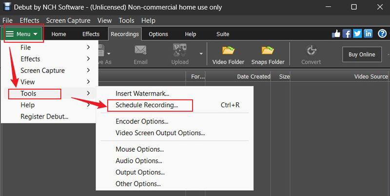 Choose Schedule Recording under the Menu list of Debut Video Capture Software