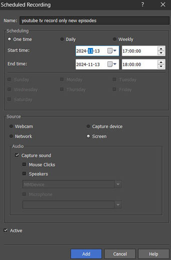 Refine the settings for the scheduled recording in the Debut Video Capture Software