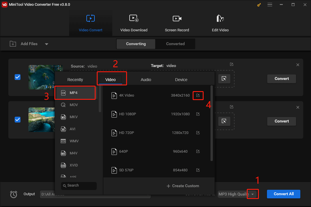 Expand the Convert all files to option in MiniTool Video Converter and access the Settings window