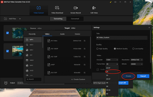 Choose 24 as the frame rate and click on the Create button in the Settings window of MiniTool Video Converter