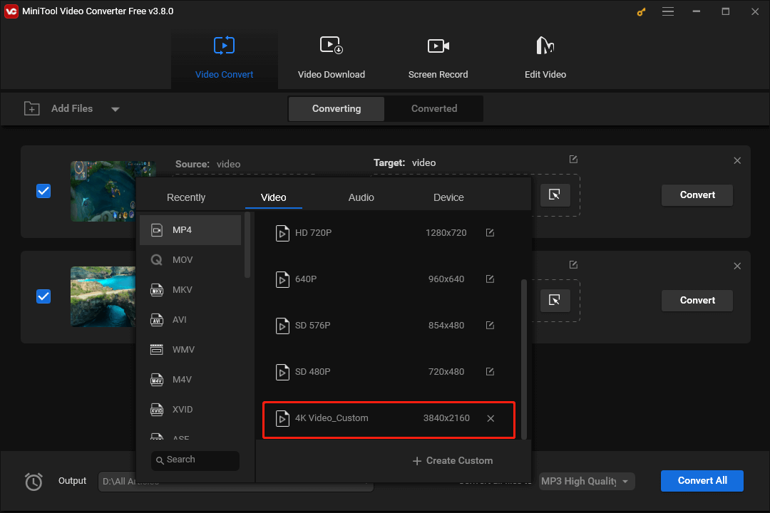 Click on 4K Video_Custom in the output format window of MiniTool Video Converter to set 24fps as the output format