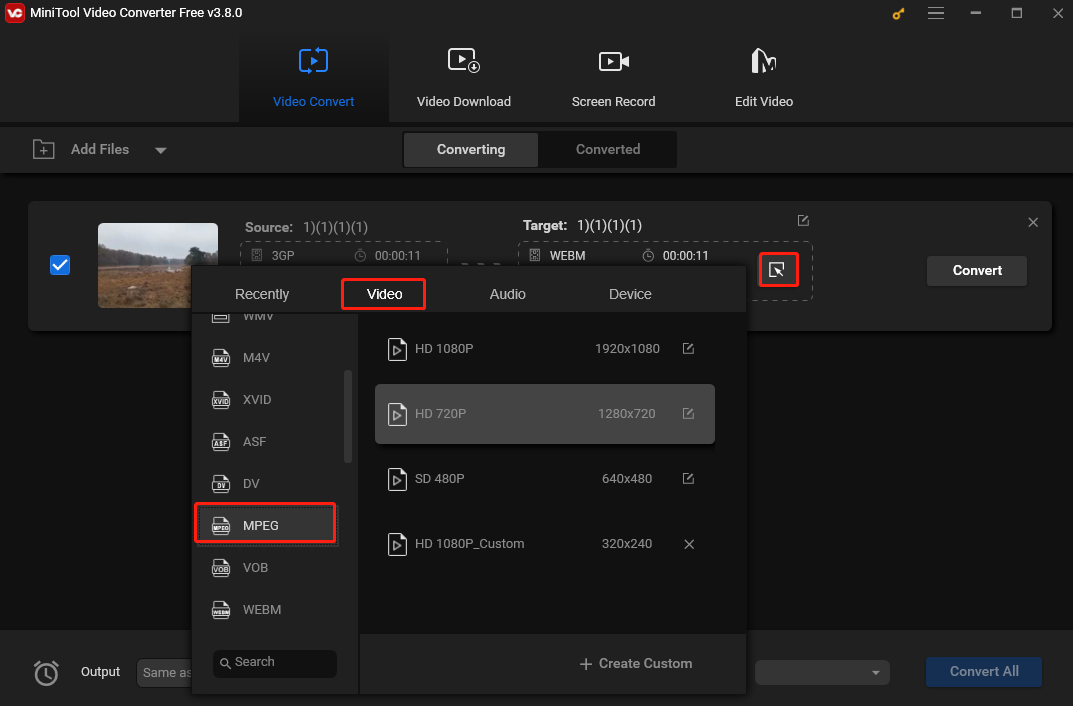 Click the diagonal arrow and choose MPEG as the output format under the Video tab in the output format window