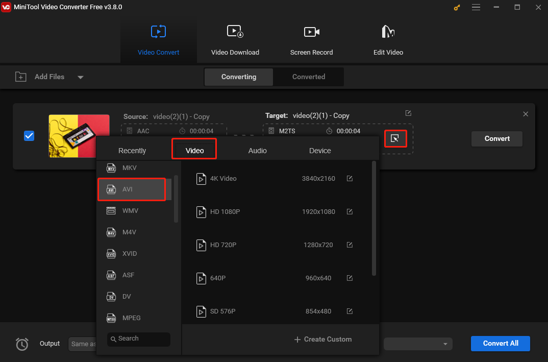 Choose AVI as the output format under the Video tab