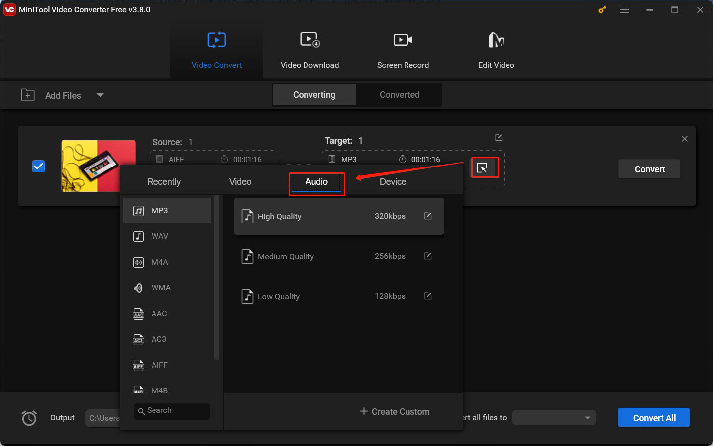 Click the Edit icon in the Target box to access the output format window and switch to the Audio to choose the target output format in MiniTool Video Converter