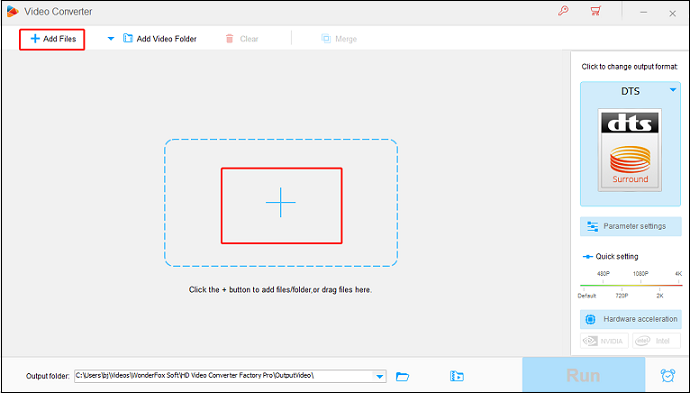 Click the Add Files button or the + area to import the ALAC file for format conversion in HD Video Converter Factory Pro