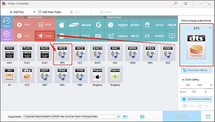 Select MP3 as the output format for conversion in HD Video Converter Factory Pro