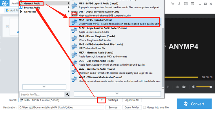 Select M4A as the output format for conversion in AnyMP4 Audio Converter