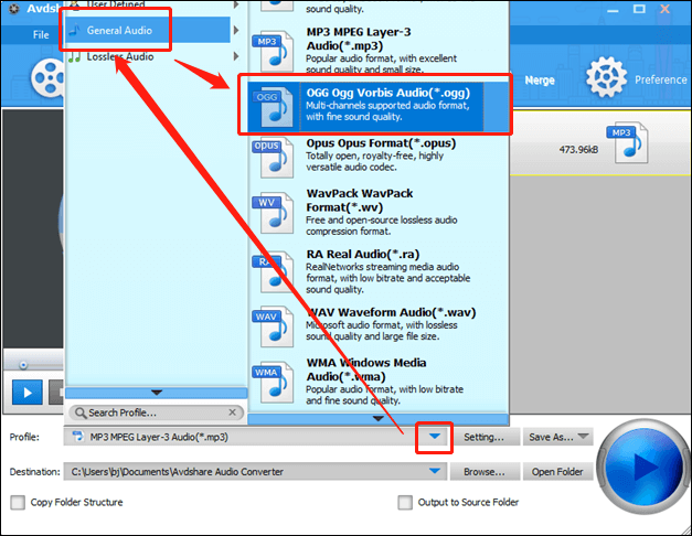 Select OGG as the output format for conversion in Avdshare Audio Converter