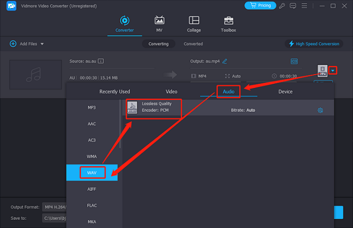 Select WAV as the output format for conversion in Vidmore Video Converter