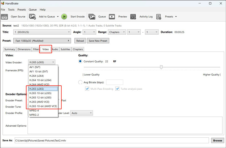 Go to the Video tab and open the Video Encoder option to choose a needed H.265 option in HandBrake