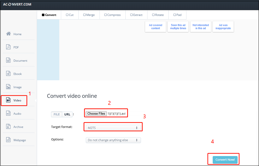 Click Choose Files to load the AVI file under the Video tab, choose M2TS form the Target format dropdown, and click Convert to start the AVI to M2TS conversion