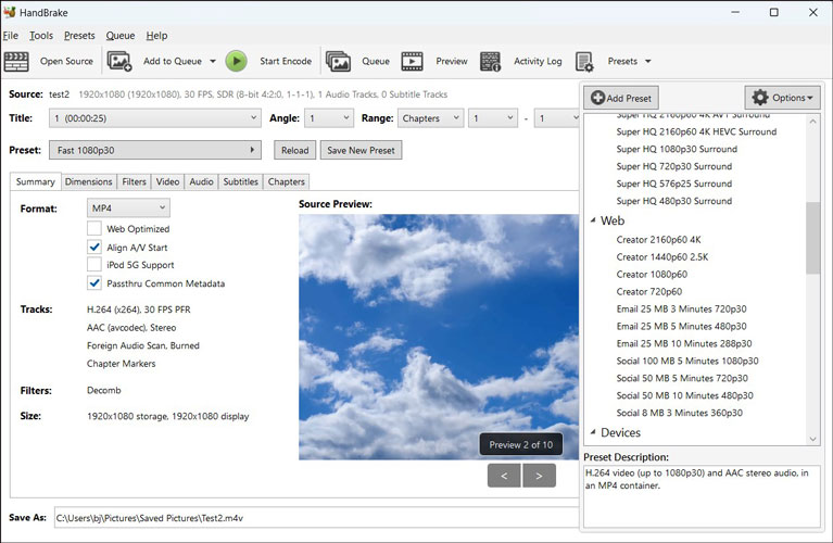 The main transcoding interface of HandBrake