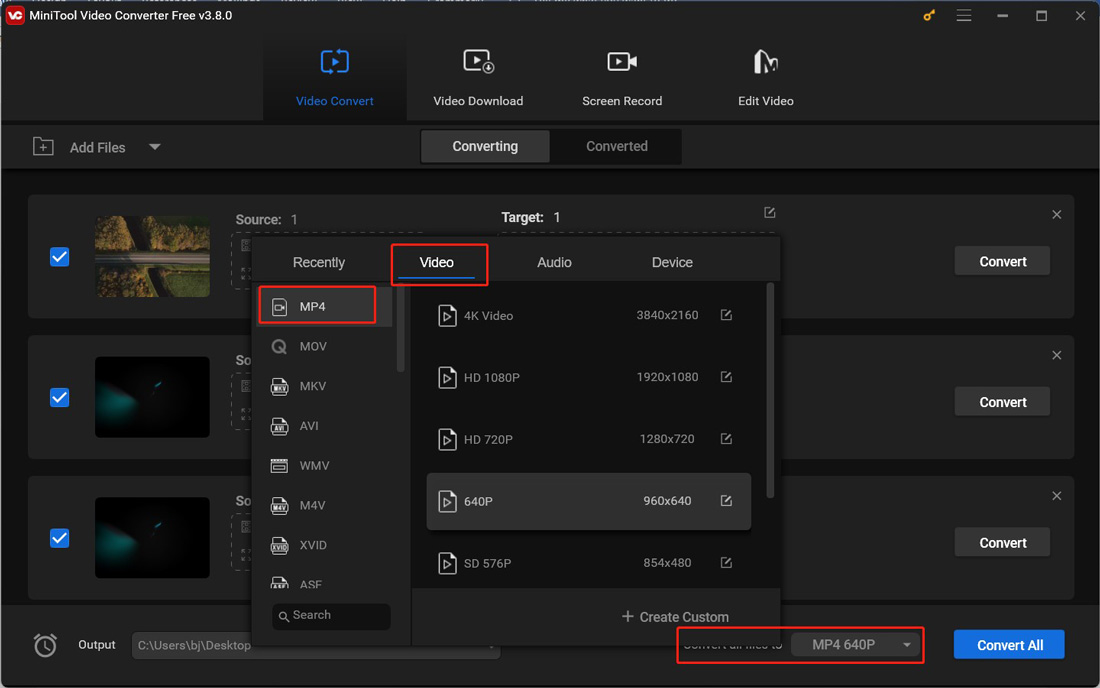 Expand the Convert all files to option to choose a target output format in MiniTool Video Converter