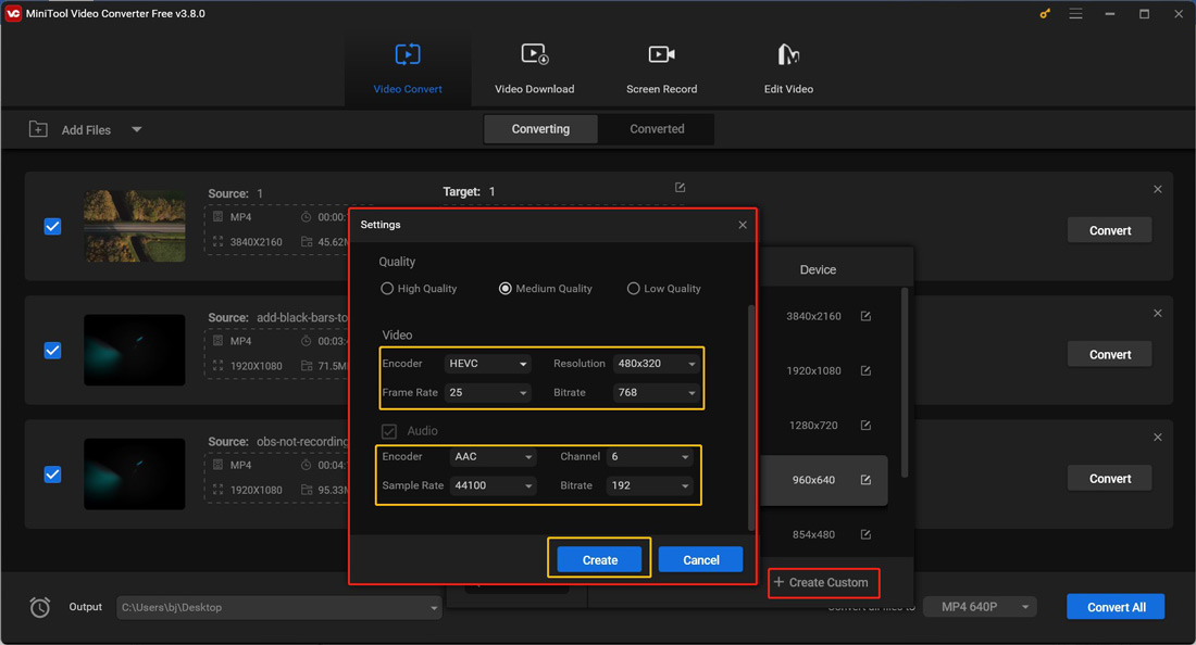 Click the + Create Custom button to customize the output format parameters in MiniTool Video Converter