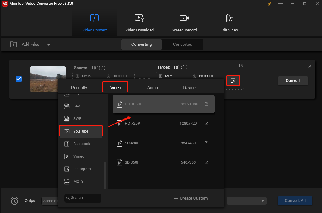 Choose YouTube with HD 1080P resolution as the output format under the Video tab in the output format window