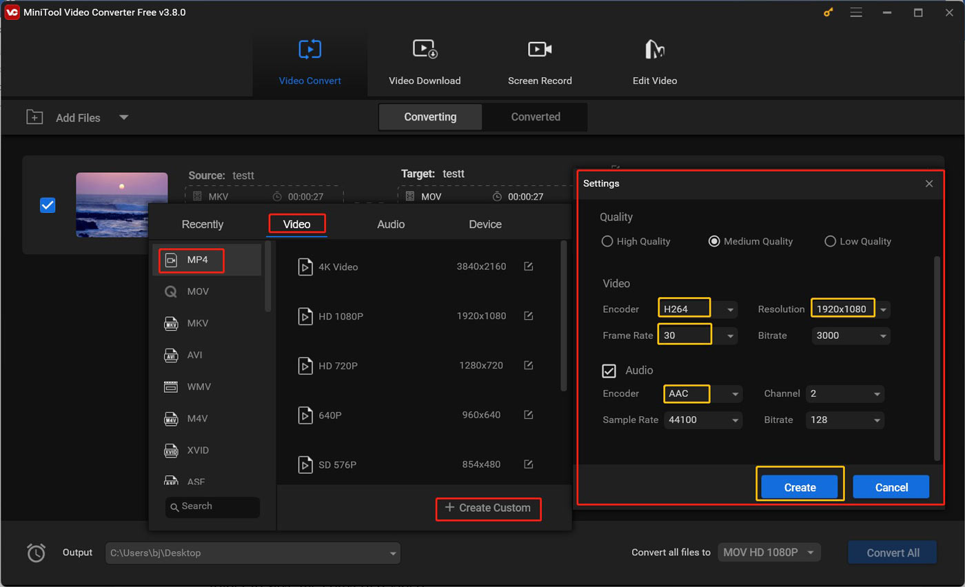 Choose MP4 in the output window of MiniTool Video Converter and click Create Custom to create the best video format for Plex