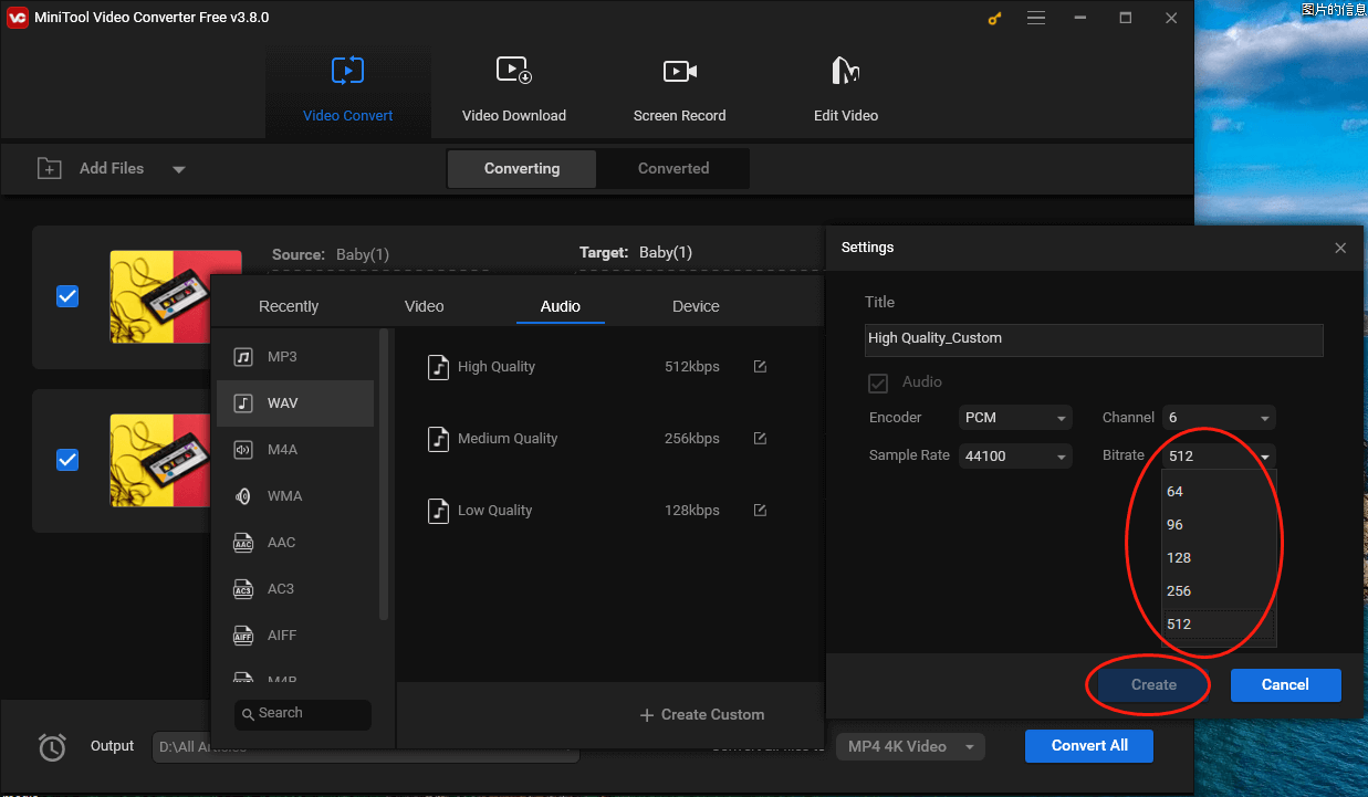 Expand the Bitrate option in the Settings window of MiniTool Video Converter to choose the bitrate that you want