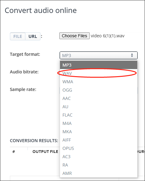 Expand the Target format option in Aconvert and choose WAV as the output format