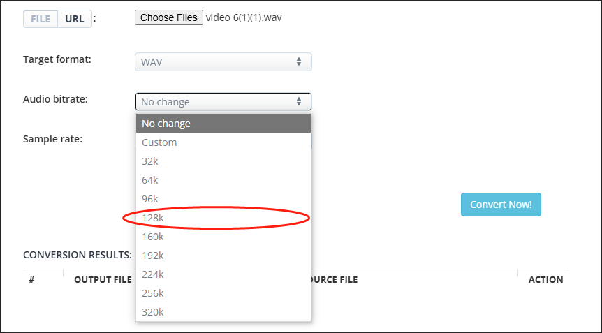 Expand the Audio bitrate of Aconvert and choose 128k as the target