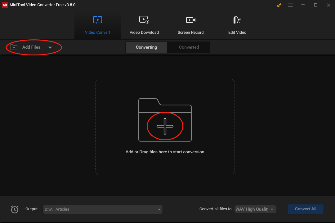 Click on the Add Files button or plus icon in MiniTool Video Converter to upload your WAV files