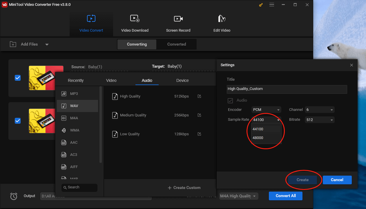 Expand the Sample Rate option in the Settings window of MiniTool Video Converter and confirm your customization