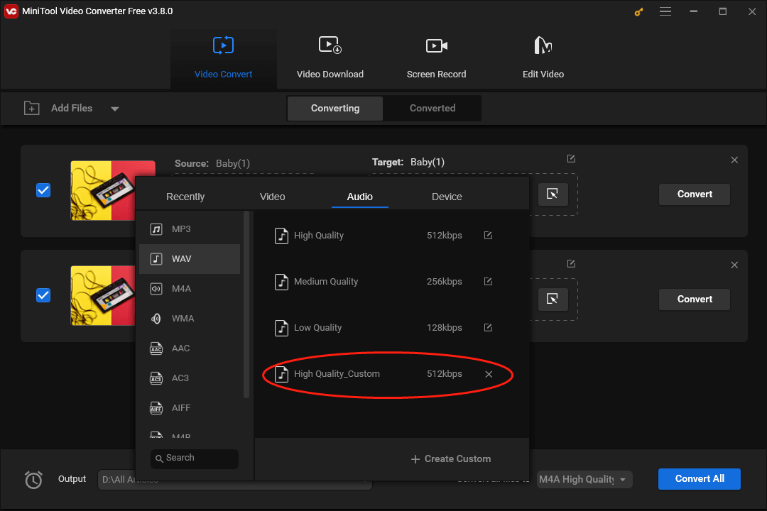 Choose High Quality_Custom in the output format window of MiniTool Video Converter as the output format