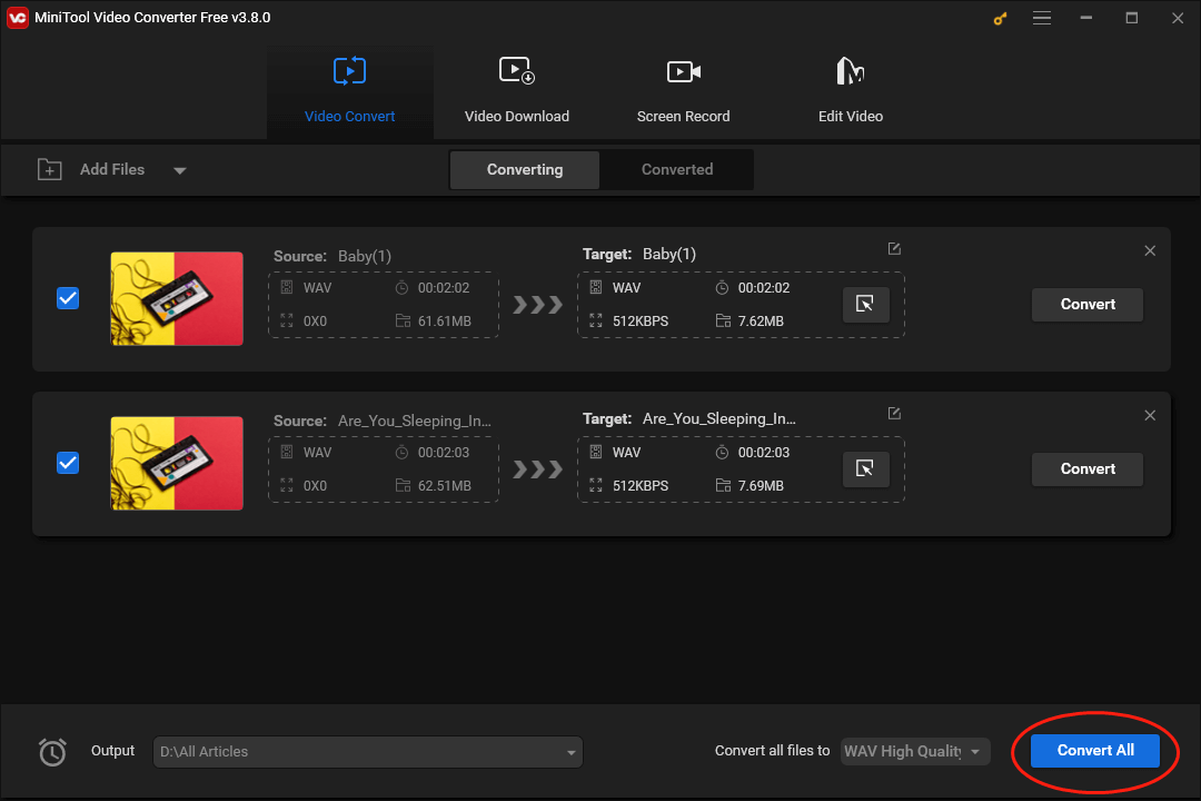 Click on the Convert All button in MiniTool Video Converter to begin changing the sample rate of your WAV files