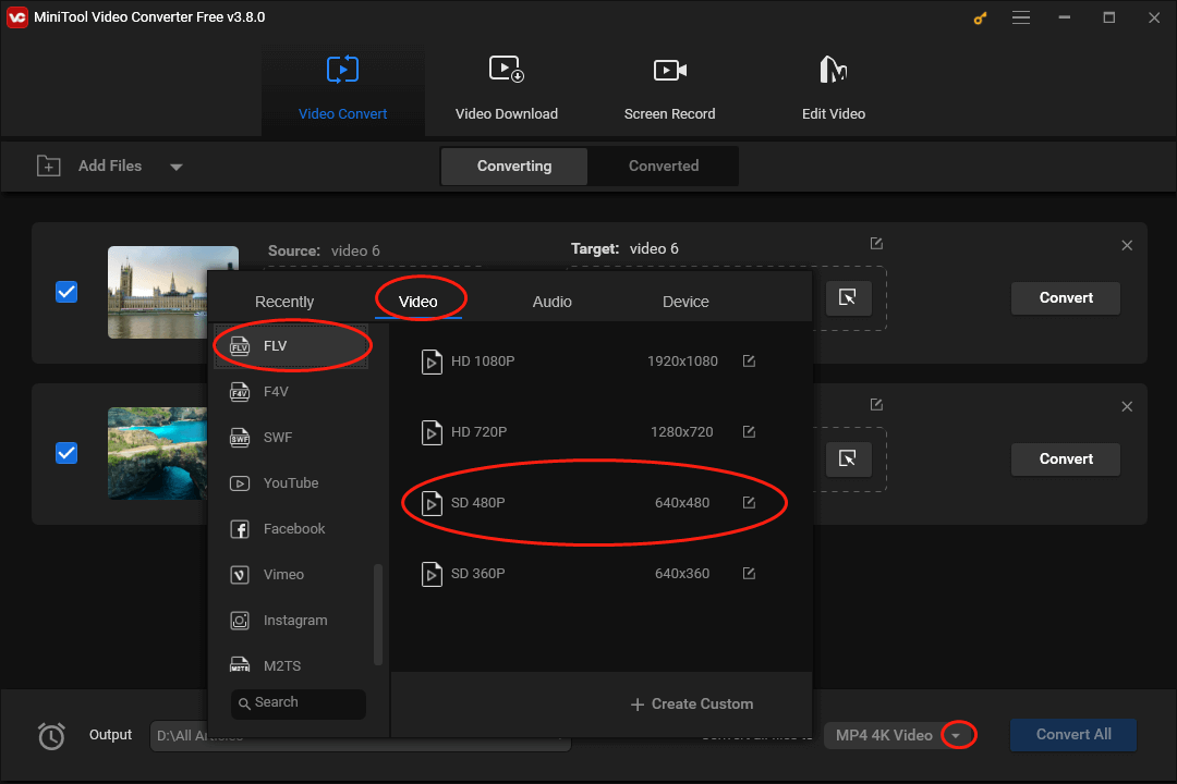 Click on the inverted triangle at the bottom right of MiniTool Video Converter to expand the output format window and set FLV SD 480P as the output format