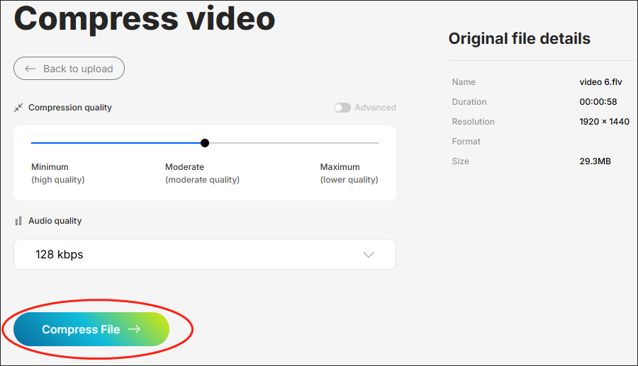 Click on Compress File in Invideo to begin compressing your FLV file