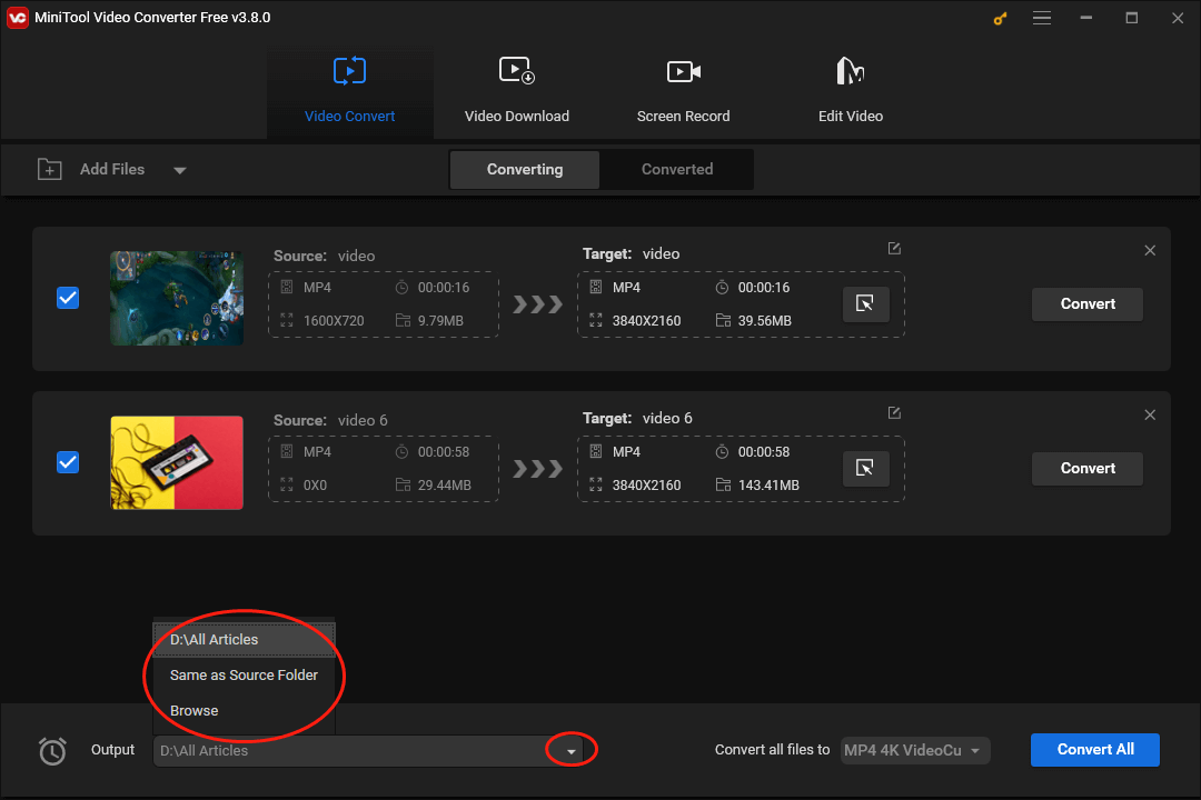 Expand the Output option at the bottom left of MiniTool Video Converter to choose an output location