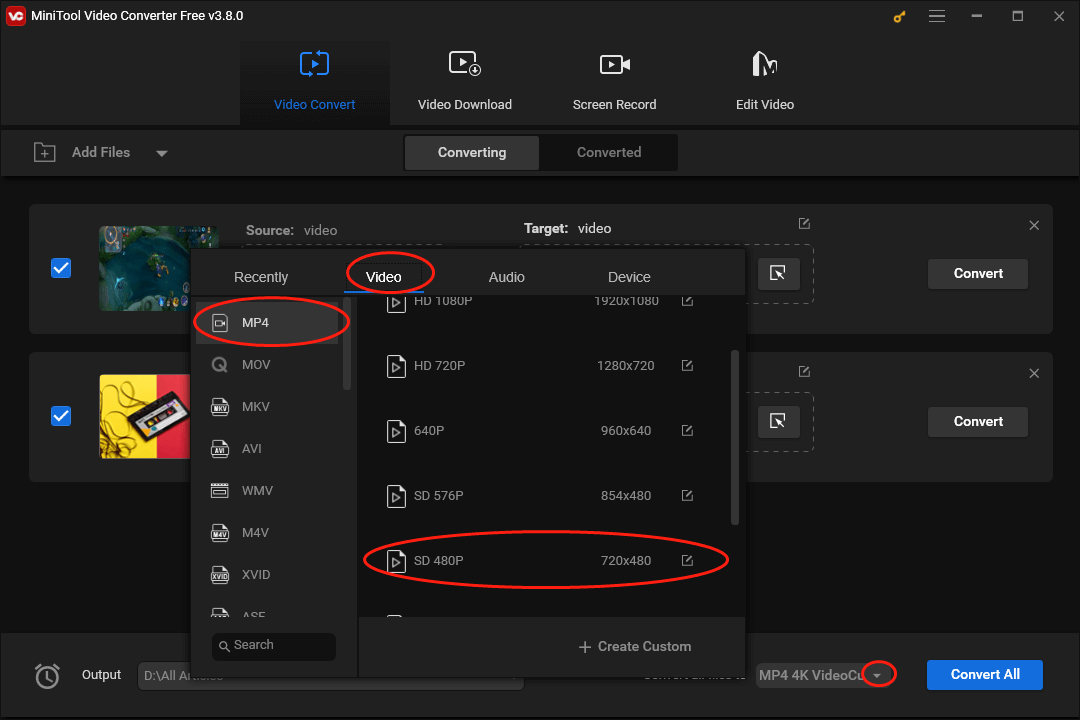 Expand the Convert all files to option at the bottom right of MiniTool Video Converter and set MP4 SD 480P as an example