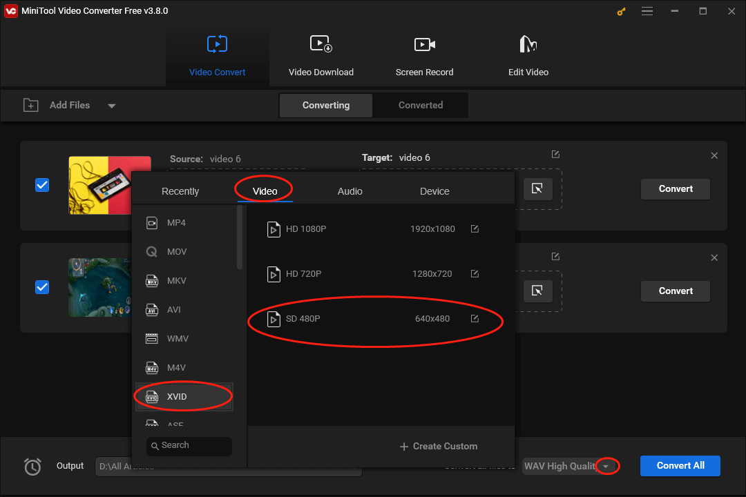 Expand the Convert all files to option at the bottom right of MiniTool Video Converter to access the output format window and choose XVID SD 480P as the output format