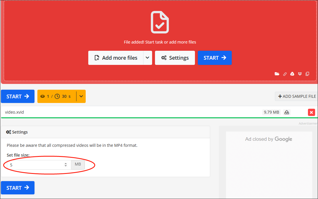 Input the number into the box in Online File Compressor to set the file size