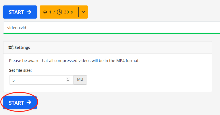 Click on the START button in Online File Compressor to begin compressing your XVID file