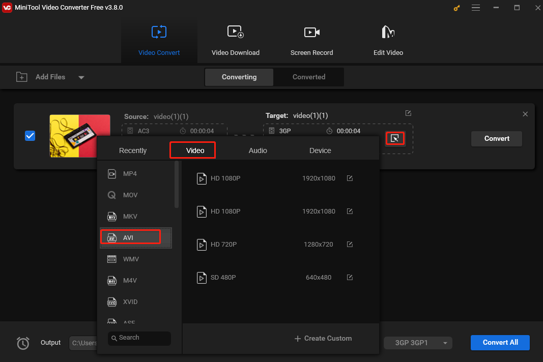 Choose AVI as the output format under the Video tab in the output format window