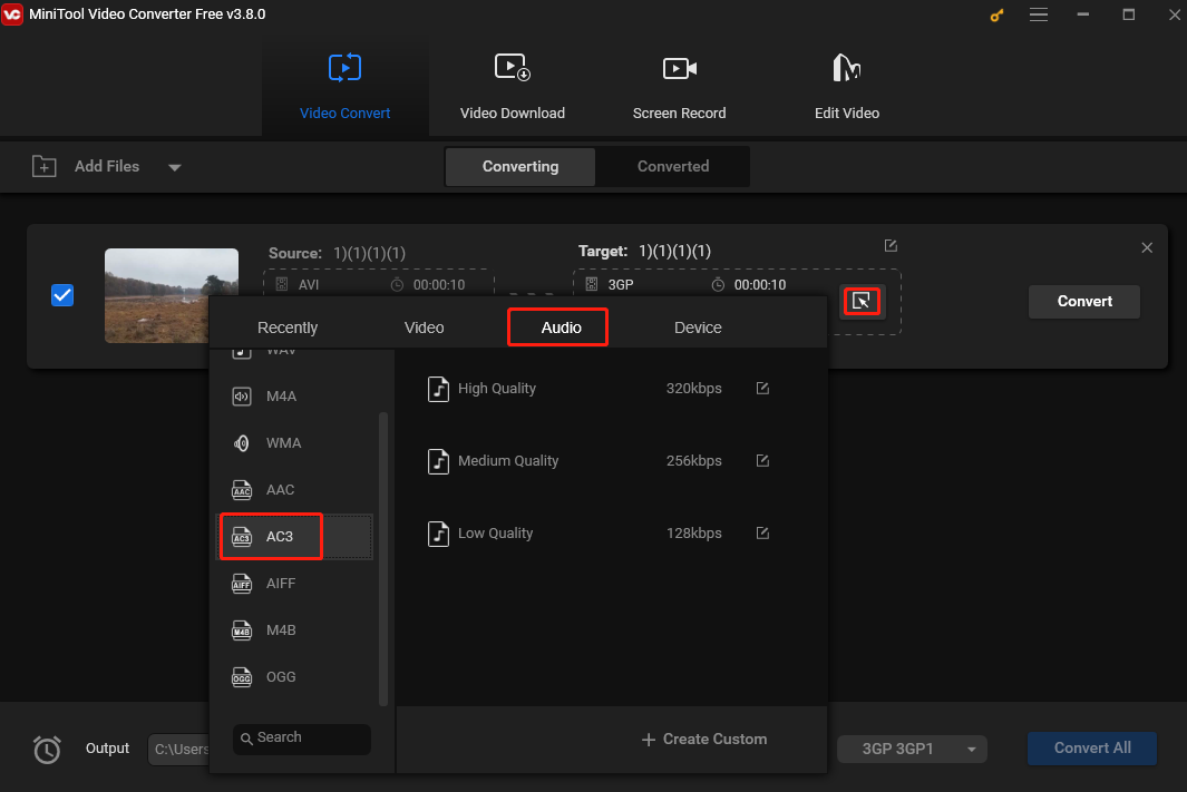 choose AC3 under the Audio tab as the output format in the output format window