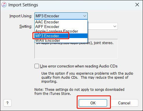 Open the Import Using list in iTunes and choose MP3 Encoder