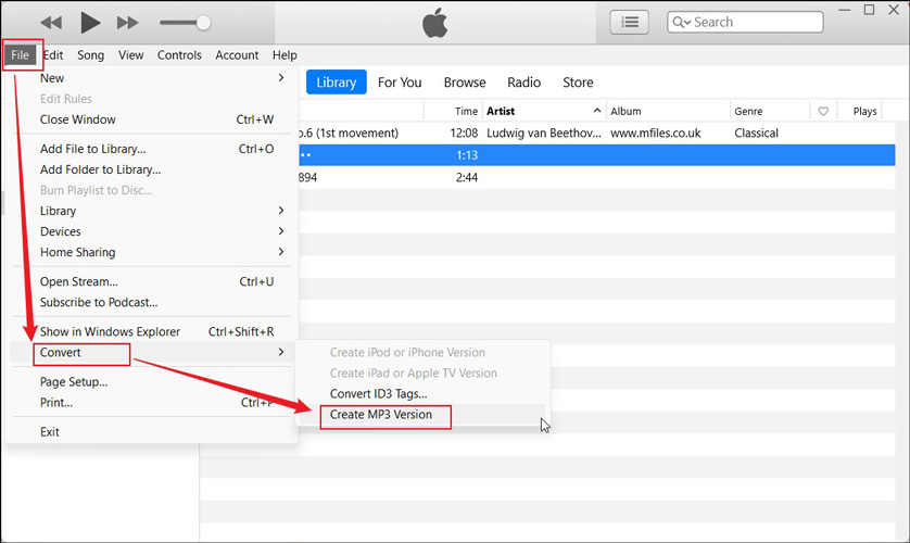 Move to Convert under the File tab to choose the Create MP3 Version option in iTunes